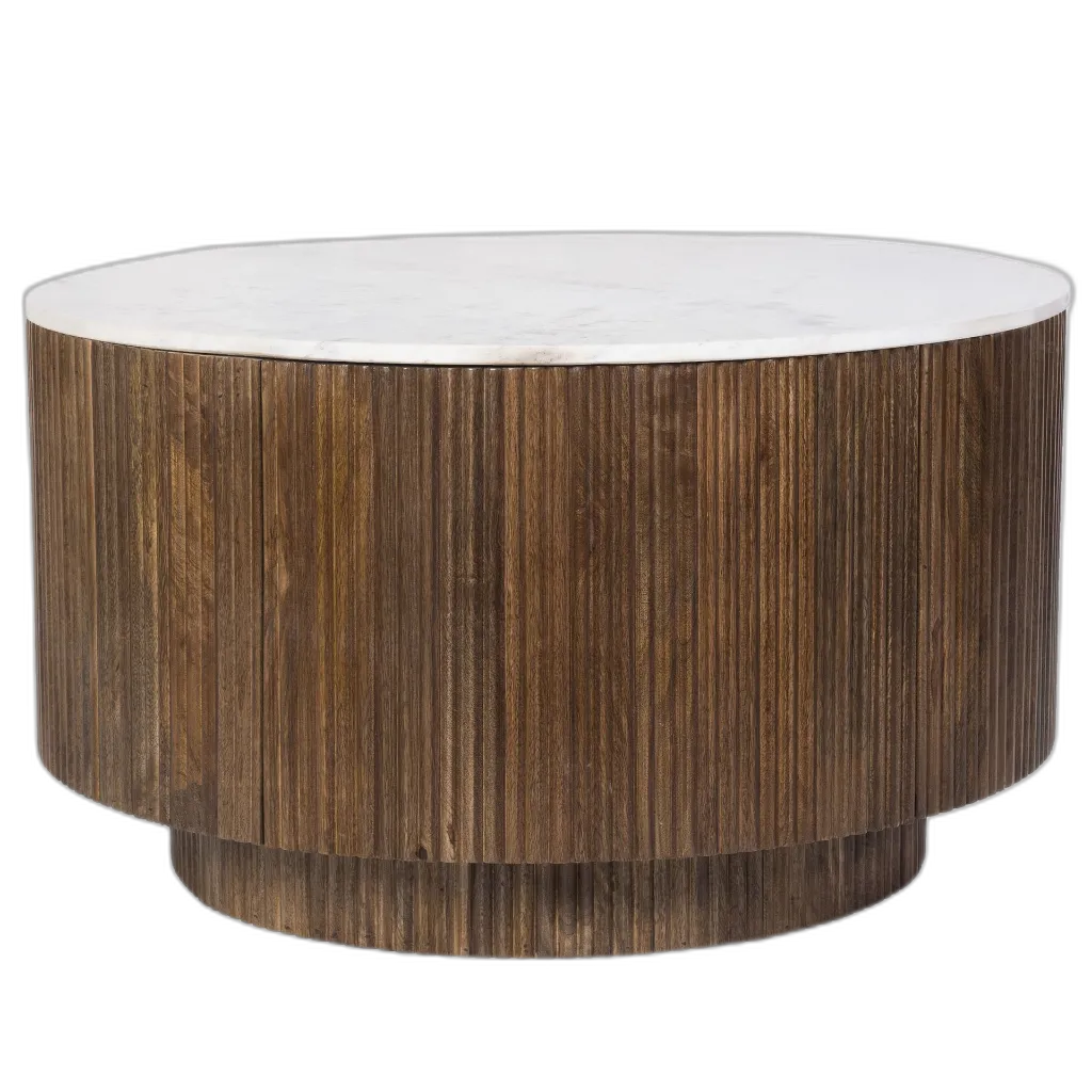 Reyna Round White Marble Coffee Table with Hidden Storage (Walnut) view 1