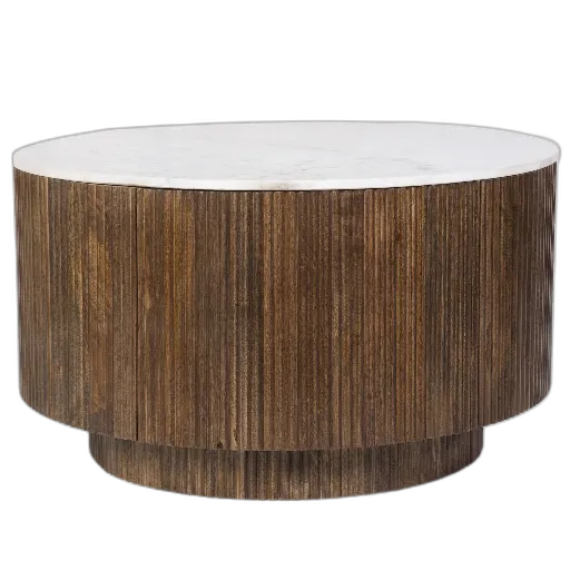 Reyna Round White Marble Coffee Table with Hidden Storage (Walnut) 2