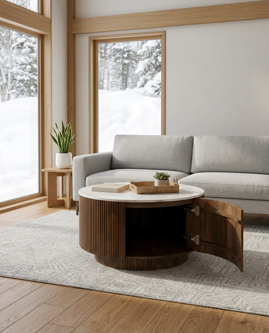 Reyna Round White Marble Coffee Table with Hidden Storage (Walnut) 4