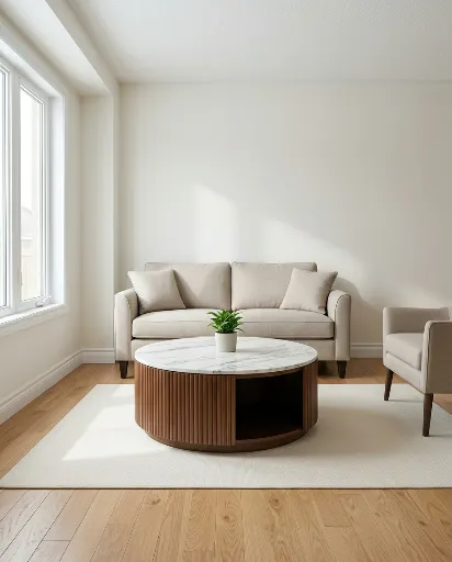 Reyna Round White Marble Coffee Table with Hidden Storage (Walnut) 7