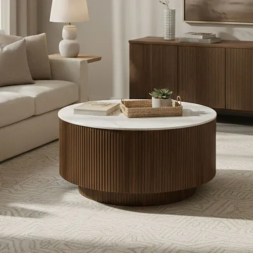 Reyna Round White Marble Coffee Table with Hidden Storage (Walnut) 9