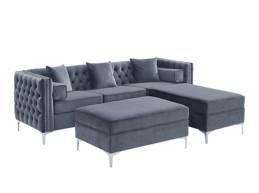 Patan Deep-Tufted Velvet Sectional with Reversible Chaise (Grey) 4