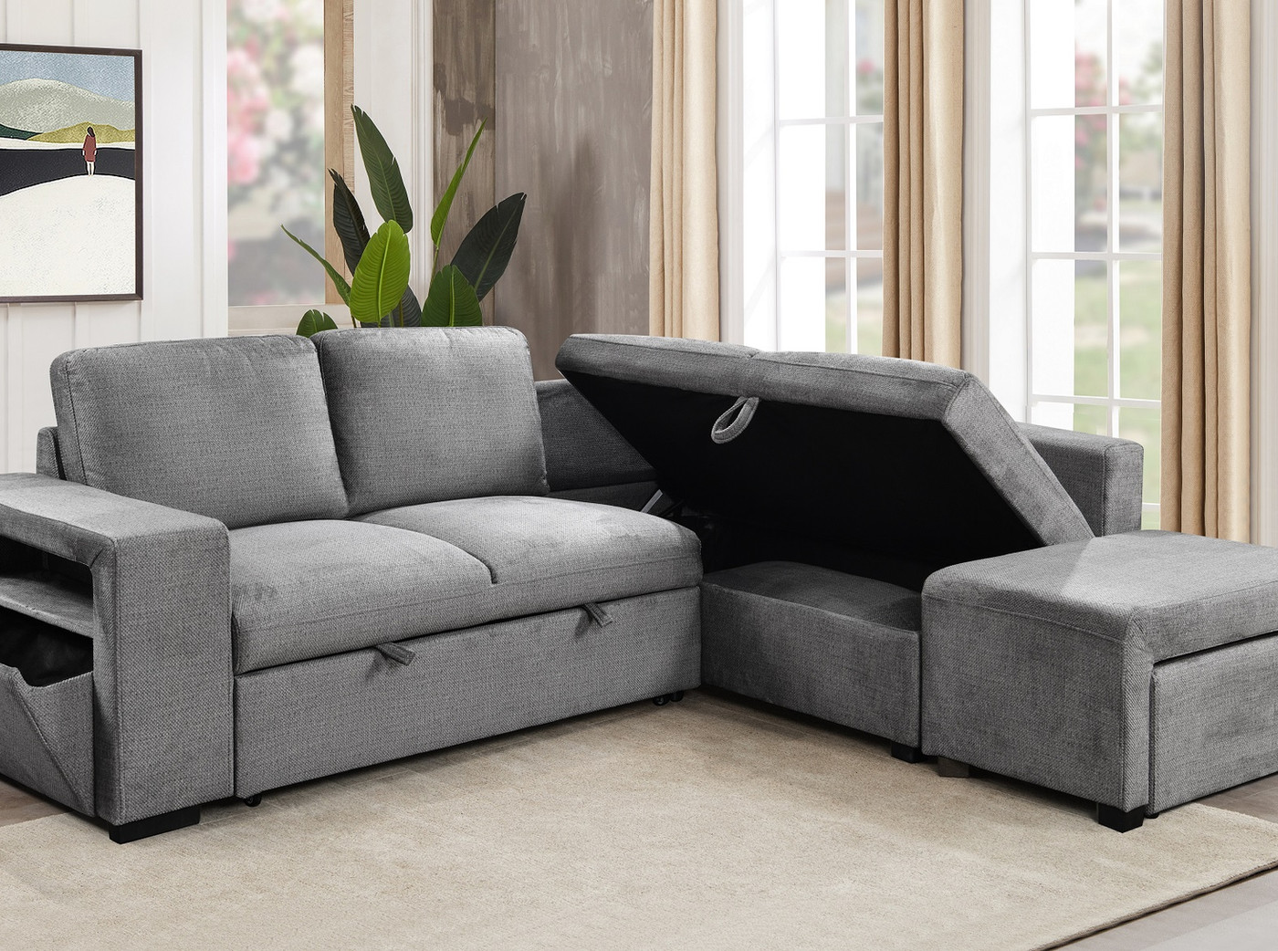 Nahanni Storage Sofa Bed Sectional with Right-Facing Chaise and Ottomans (Grey) 3