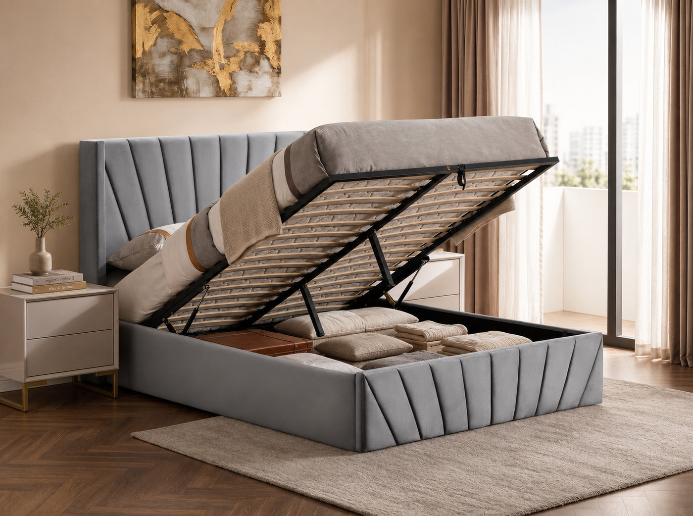 Moraine Fan-Tufted Velvet Lift Storage Bed 10