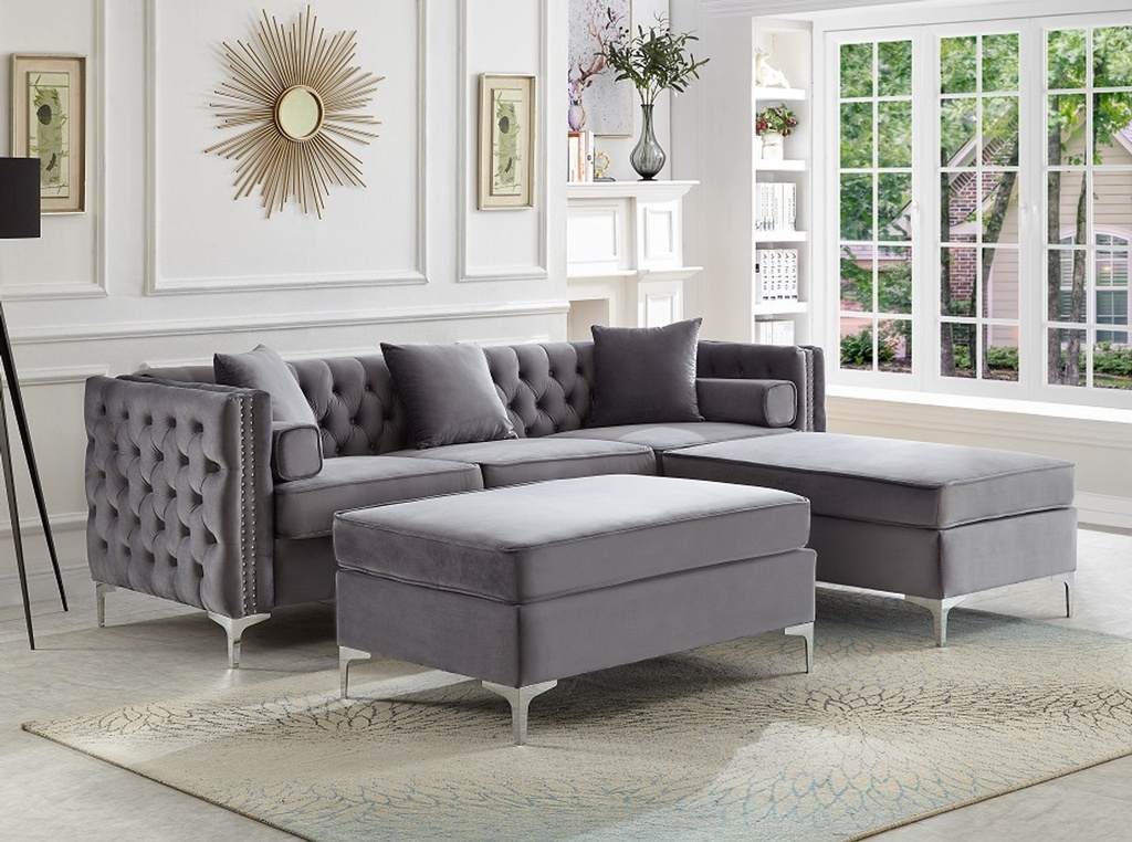 Patan Deep-Tufted Velvet Sectional (Grey)