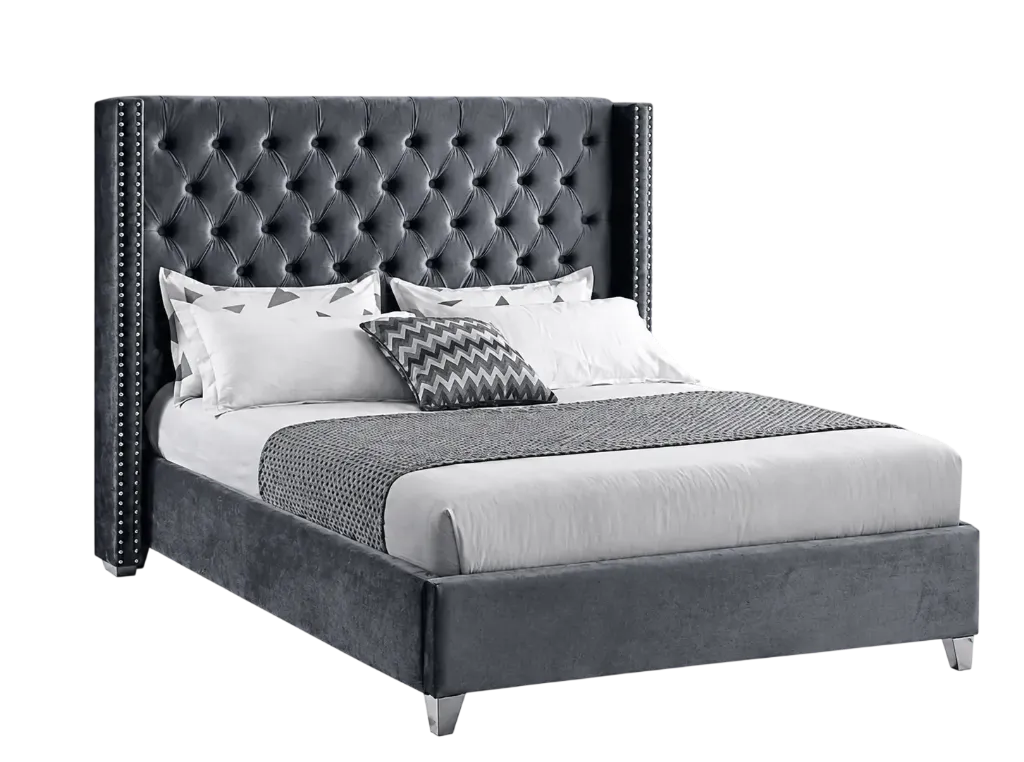 Mustang Wing-Back Velvet Bed (Grey) (Double)
