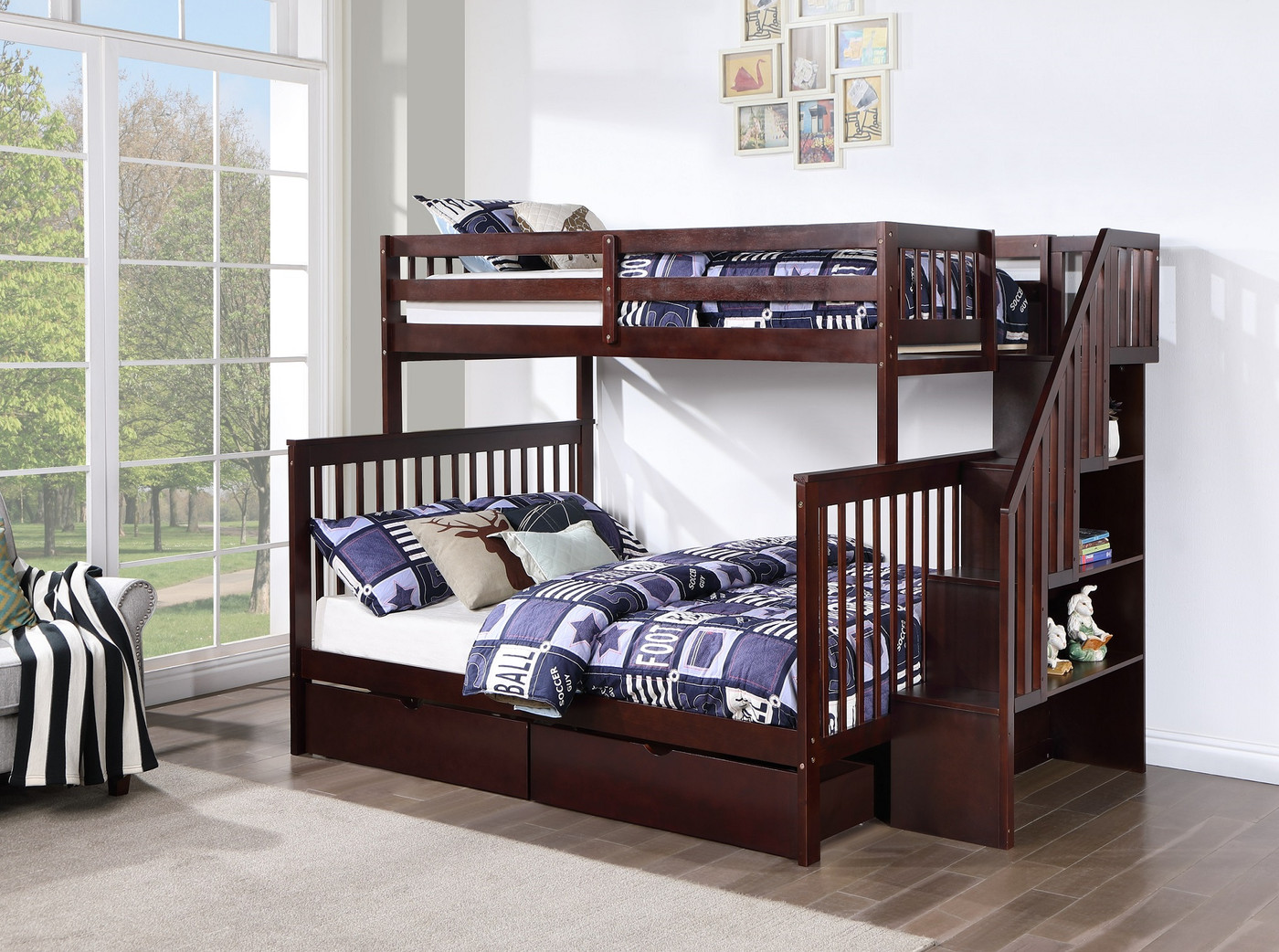 Dhulikhel Twin over Full Staircase Bunk Bed with Storage Shelves 7