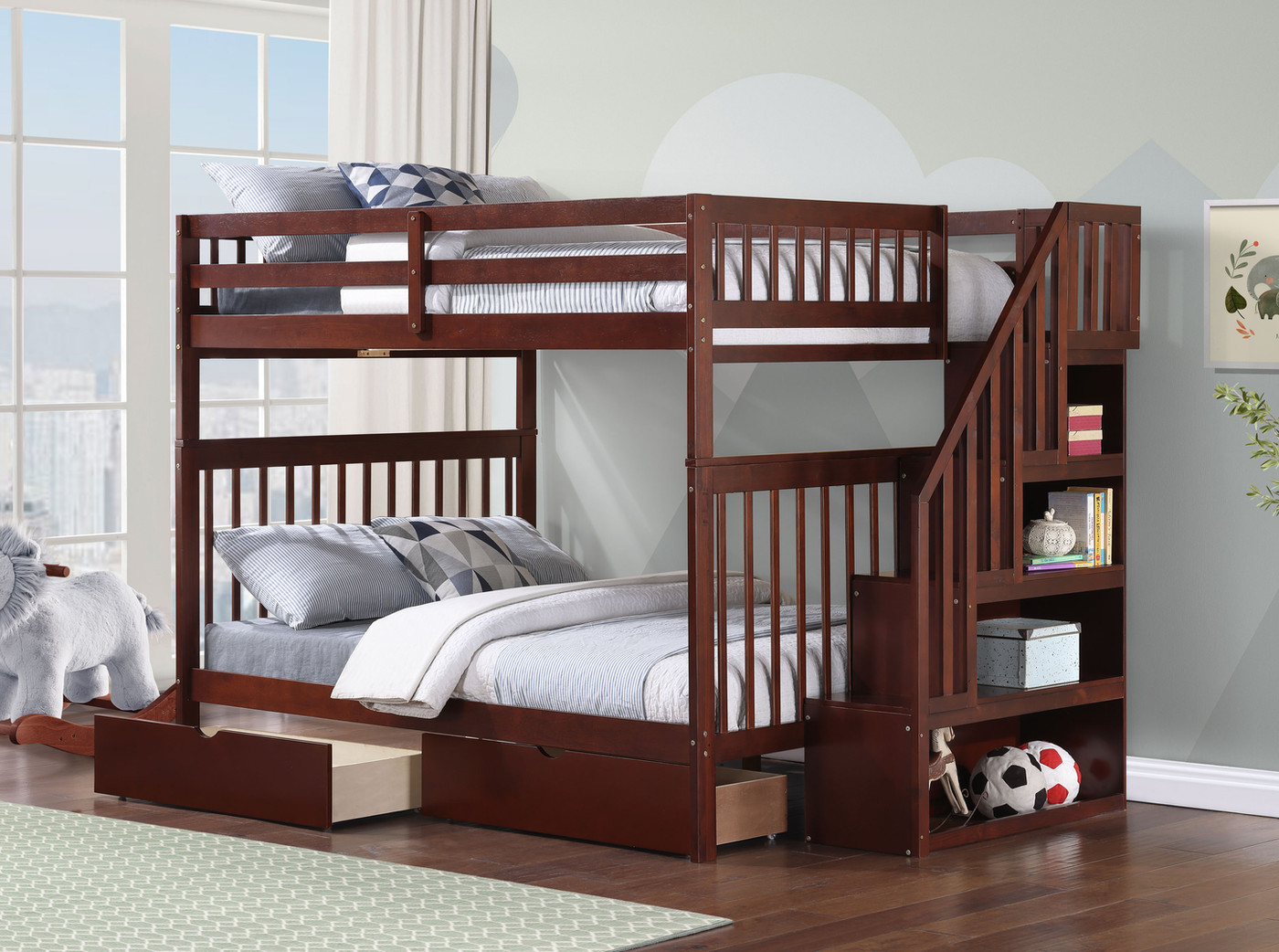 Namche Full over Full Staircase Bunk Bed with Storage Shelves 7