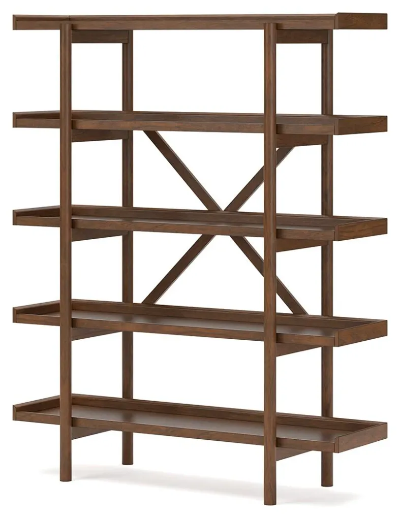 Lyncott Mid-Century Brown Five-Shelf Bookcase