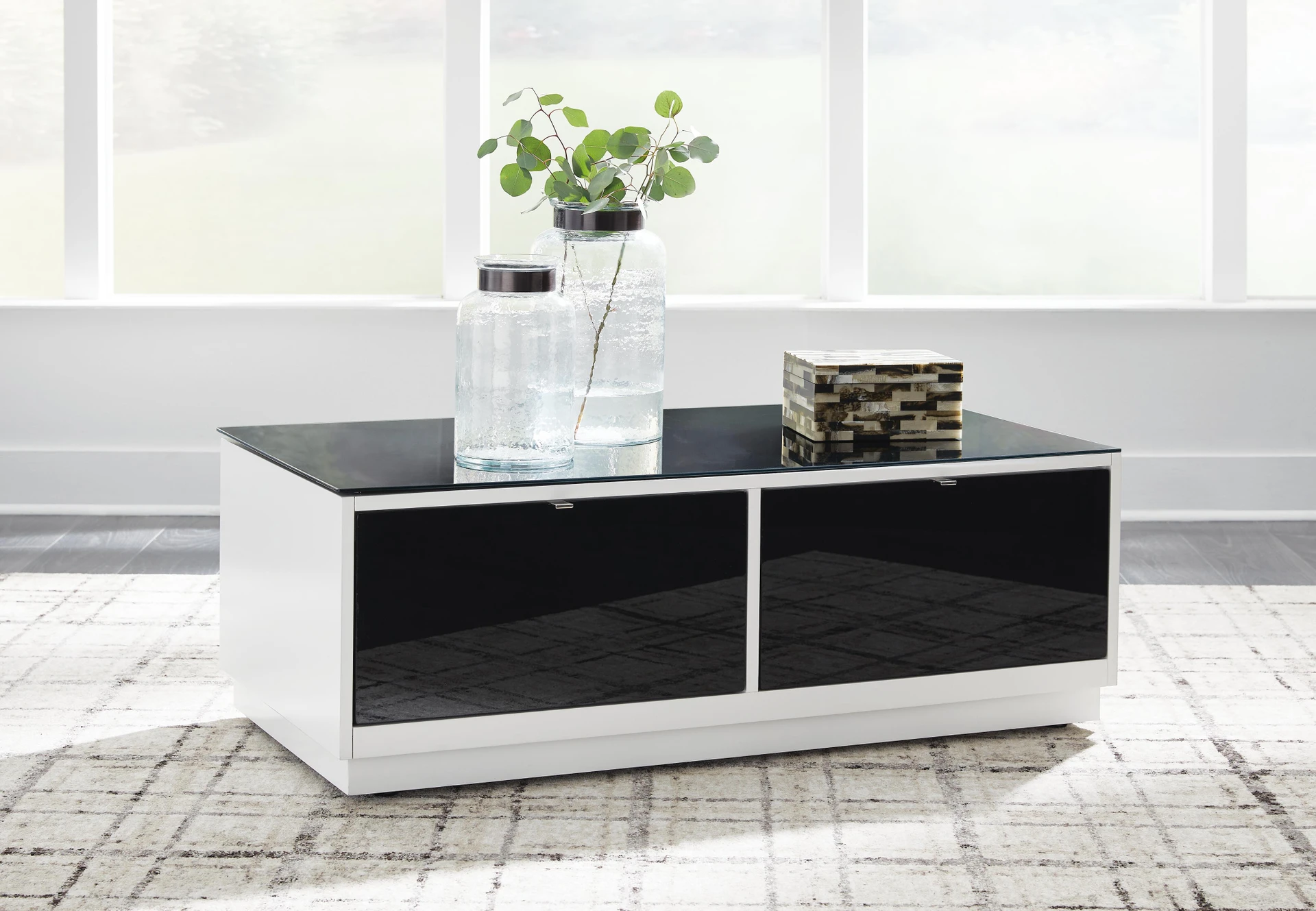 Gardoni White Gloss Coffee Table with Black Glass Top and Drawers 6