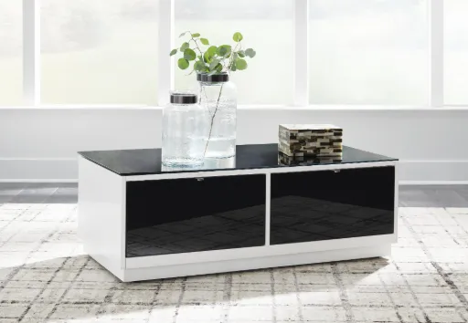 Gardoni White Gloss Coffee Table with Black Glass Top and Drawers 6