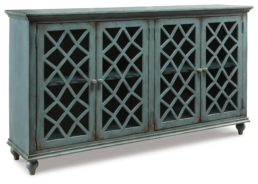 Mirimyn Distressed 4-Door Accent Cabinet with Lattice Glass Doors