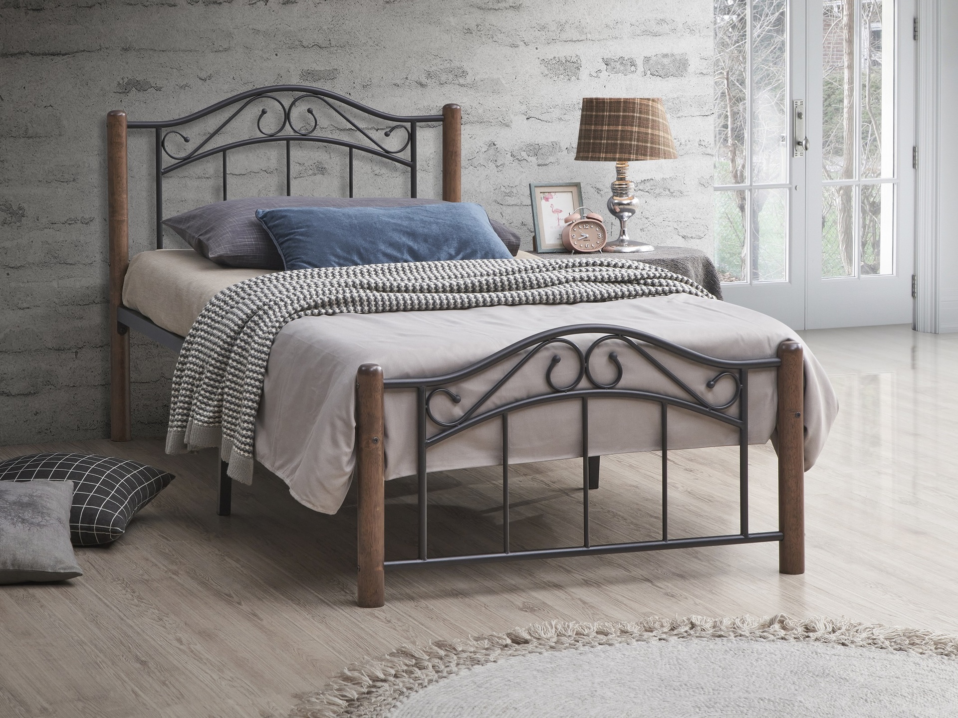 Sheridan Black Steel Scroll Platform Bed with Walnut Posts 3