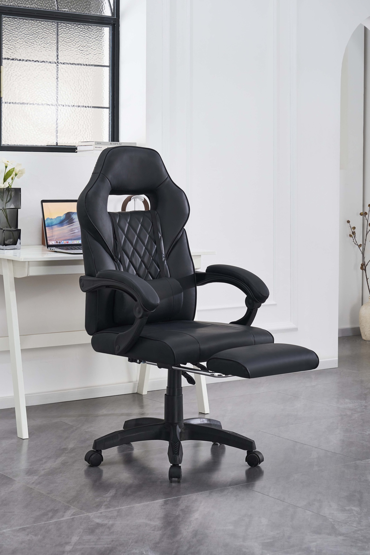 Black Leatherette High-Back Racing Office Chair with Footrest 4