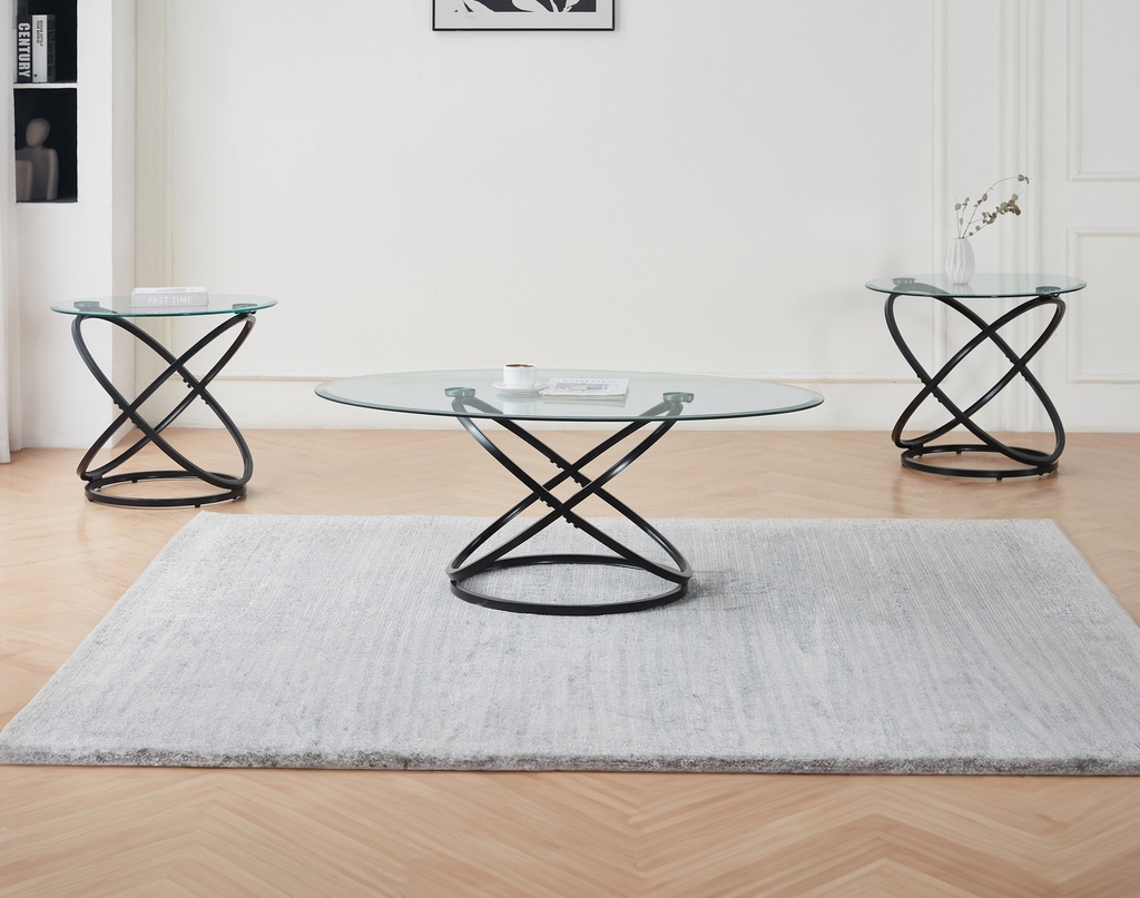 Glass Top Black Steel Coffee Table Set