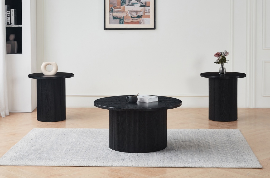 [IF-2660] Fluted Pedestal Black Wood Coffee Table Set