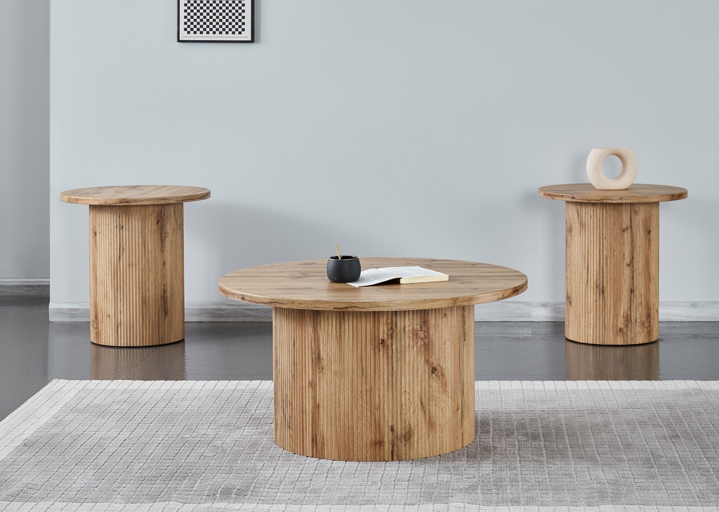 Fluted Pedestal Natural Wood Coffee Table Set