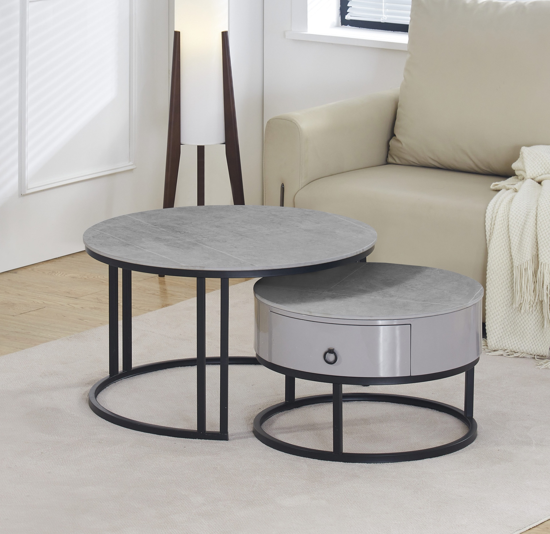 Armani Grey Stone Round Coffee Table Set of 2 with Storage Drawer 3