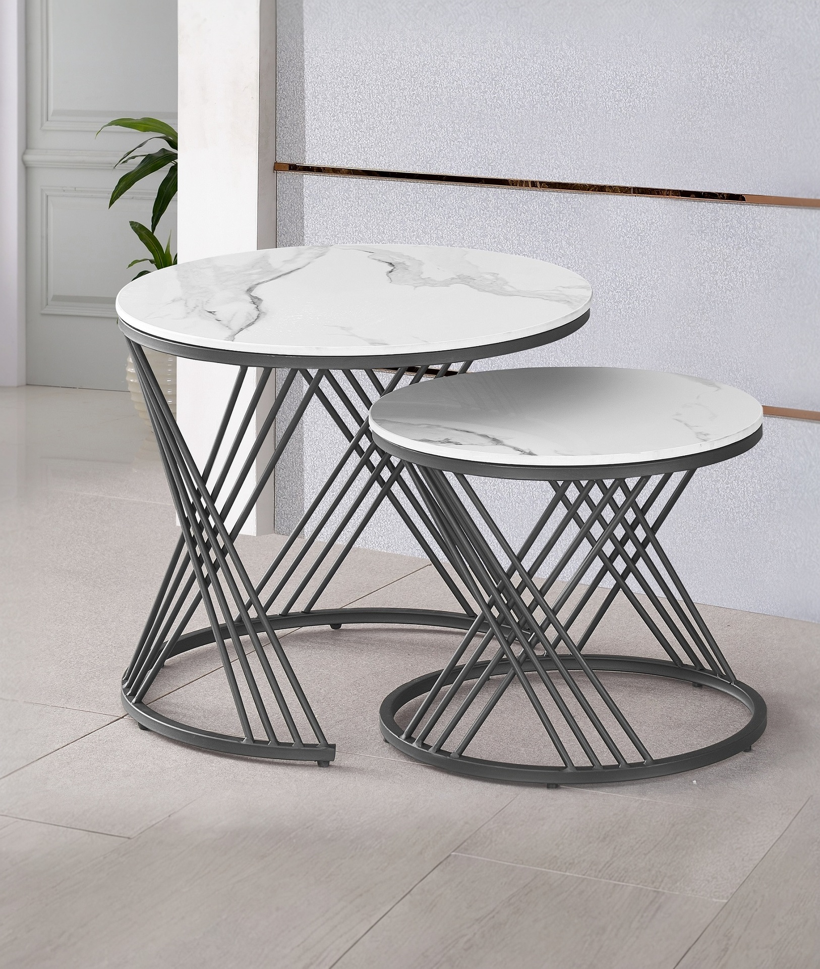 White Marble Sintered Stone Small Round Coffee Table Set of 2 with Black Base 3