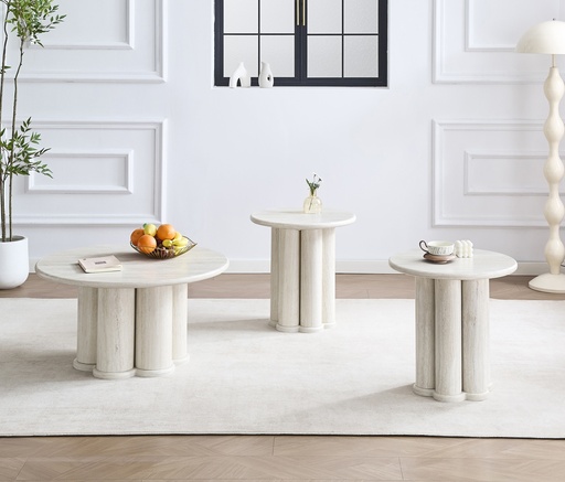 Round Light Travertine-Look Coffee Table with Column Pedestal 2