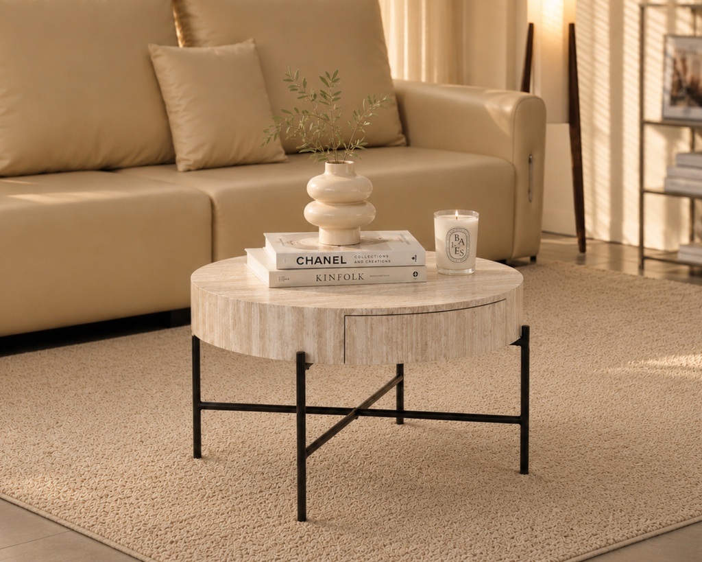 Beige Travertine Storage Coffee Table