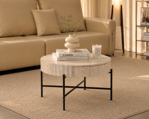 Beige Travertine-Look Round Storage Coffee Table with Drawer 3