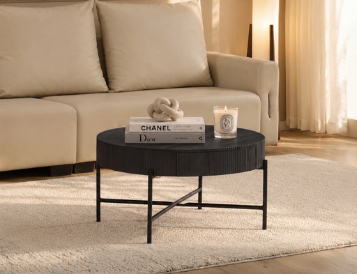 Black Ribbed Round Storage Coffee Table with Metal Base 3