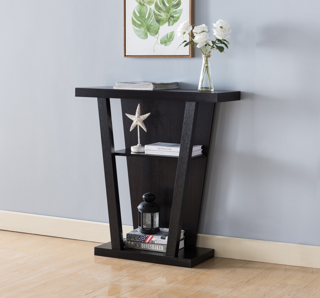 [IF-3260] Espresso Angled-Leg Console Table with Open Shelving