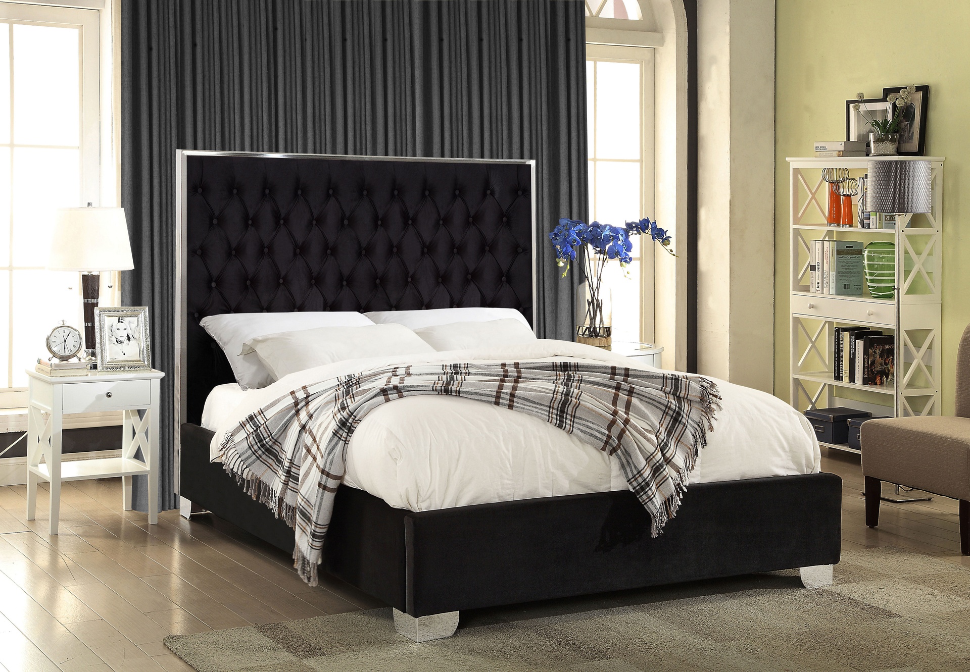 Brookline Black Velvet Bed with Chrome Trim 3