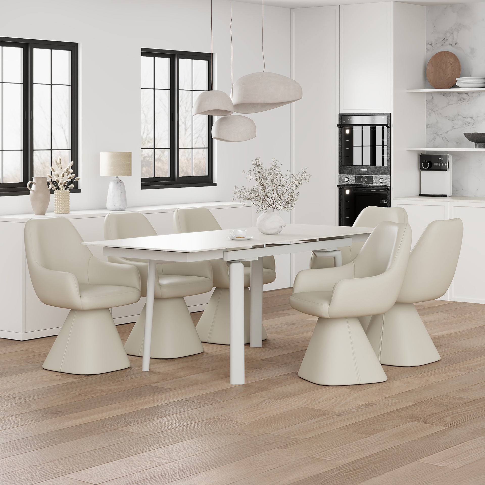 Bellaro/Caprese Travertine 7-Piece Sintered Stone Dining Set with Swivel Chairs 4