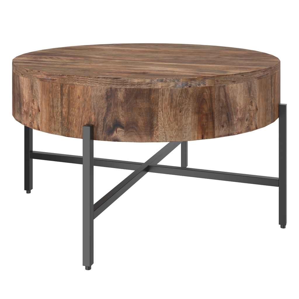Blox Round Mango Wood Coffee Table with Black Iron Cross Base
