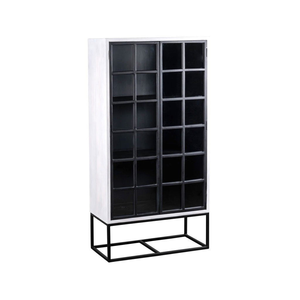 Off-White Mango Wood Glass Door Tall Cabinet