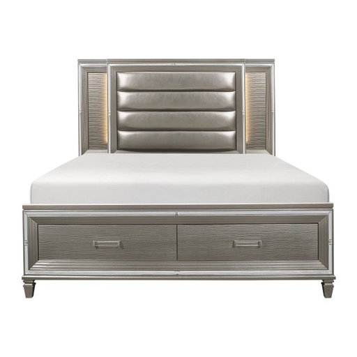 Tamsin Platform Bed with Footboard Storage and LED Lighting (Dark Champagne) (Queen)