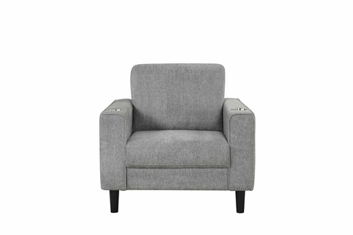 Grey Mid-Century Track Arm Accent Chair with Cup Holders