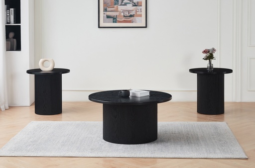 Fluted Pedestal Black Wood Coffee Table Set