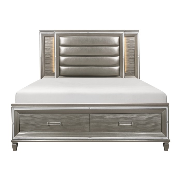 Tamsin Platform Bed with Footboard Storage and LED Lighting (Dark Champagne)